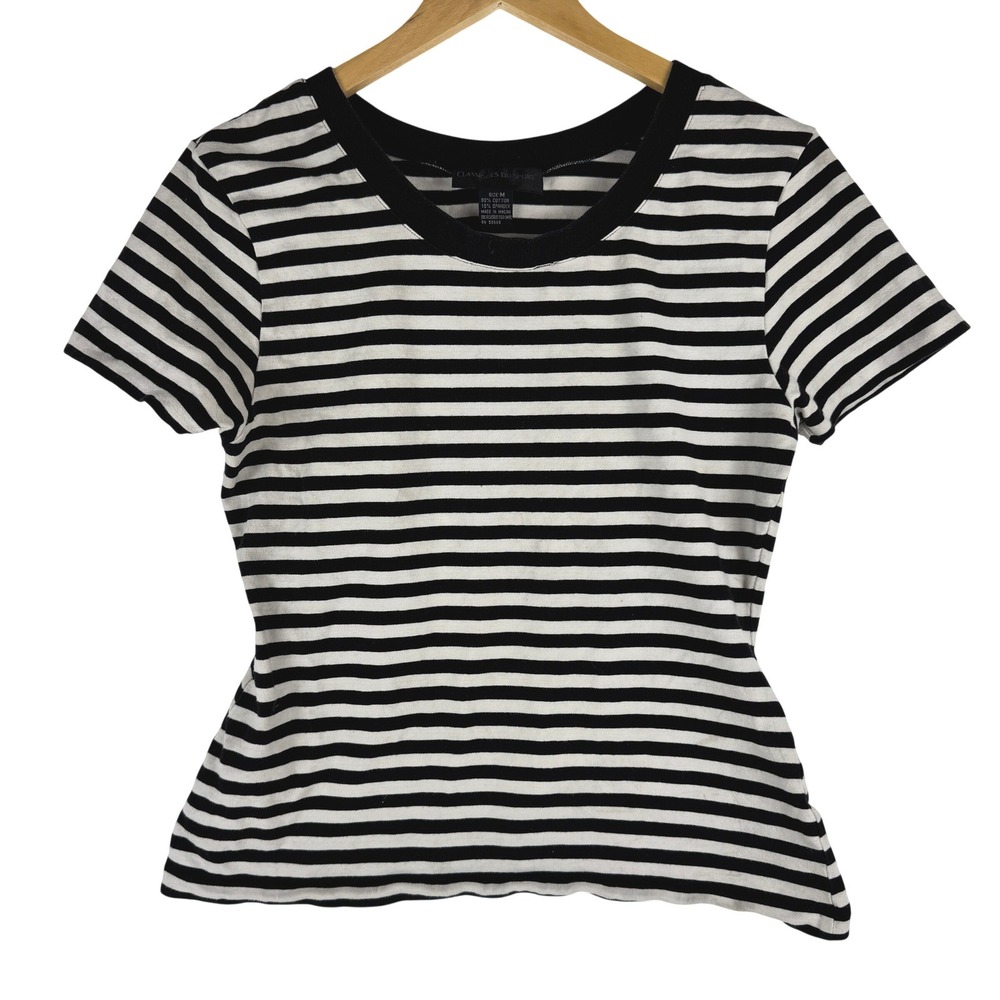 Classiques Du Sport Womens Black White Striped Short Sleeve Cotton T-Shirt Sz M
